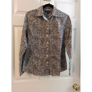 Lands' End Women's Brn & Wht Paisley No Iron Pinpoint L Slv Oxford Shirt sz 10